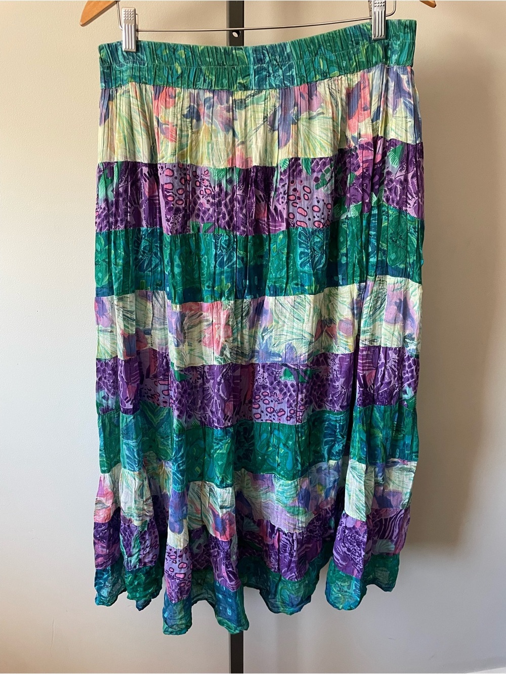 90s Vintage Bay Club Boho Crinkle Floral Striped Skirt Cotton Size Medium